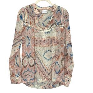 Anthropologie Dolan Blouse Small Multicolor Boho Long Sleeve Sheer Printed Top